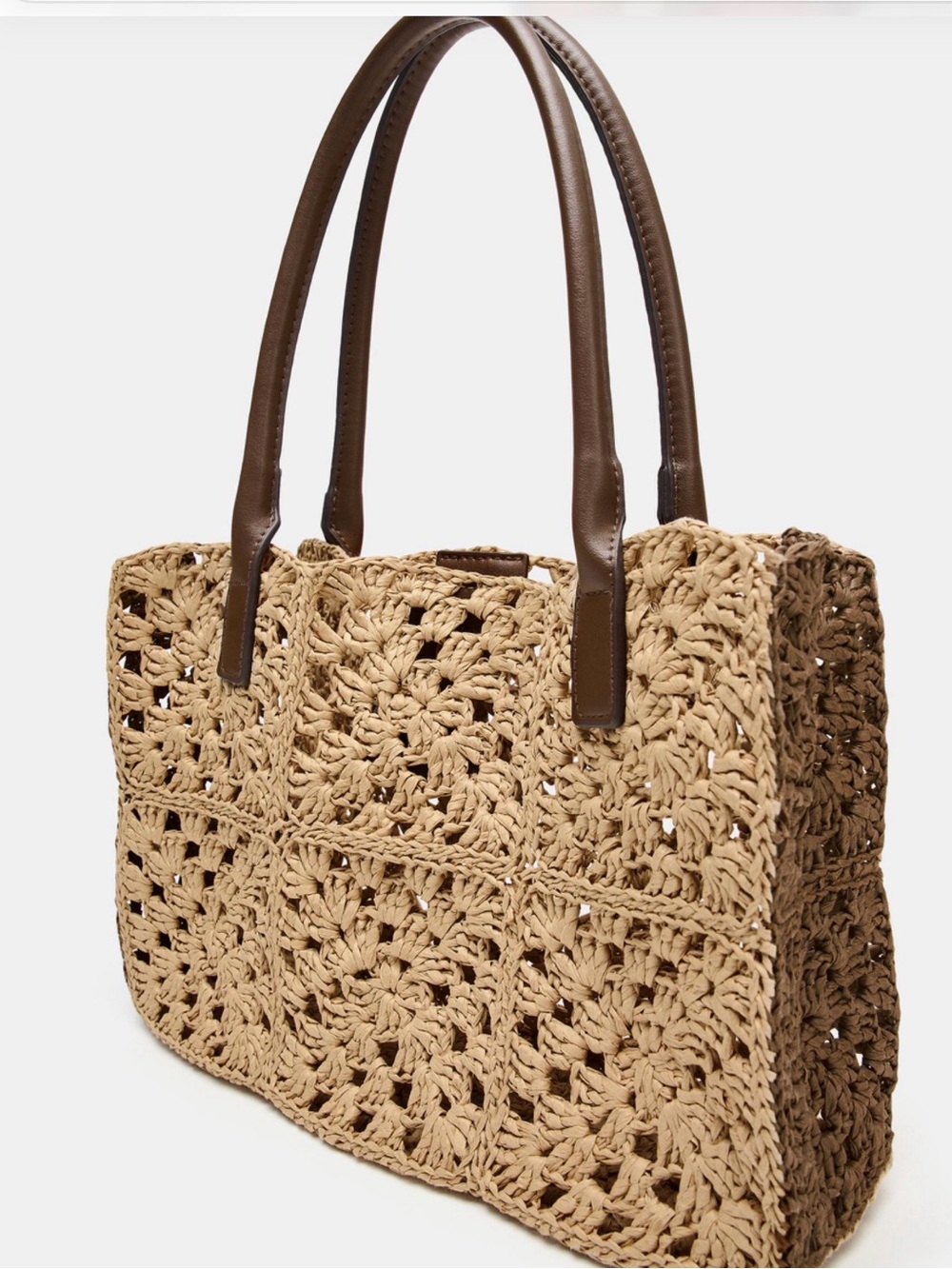 Zara Natural Beige Woven Tote with Brown Handles